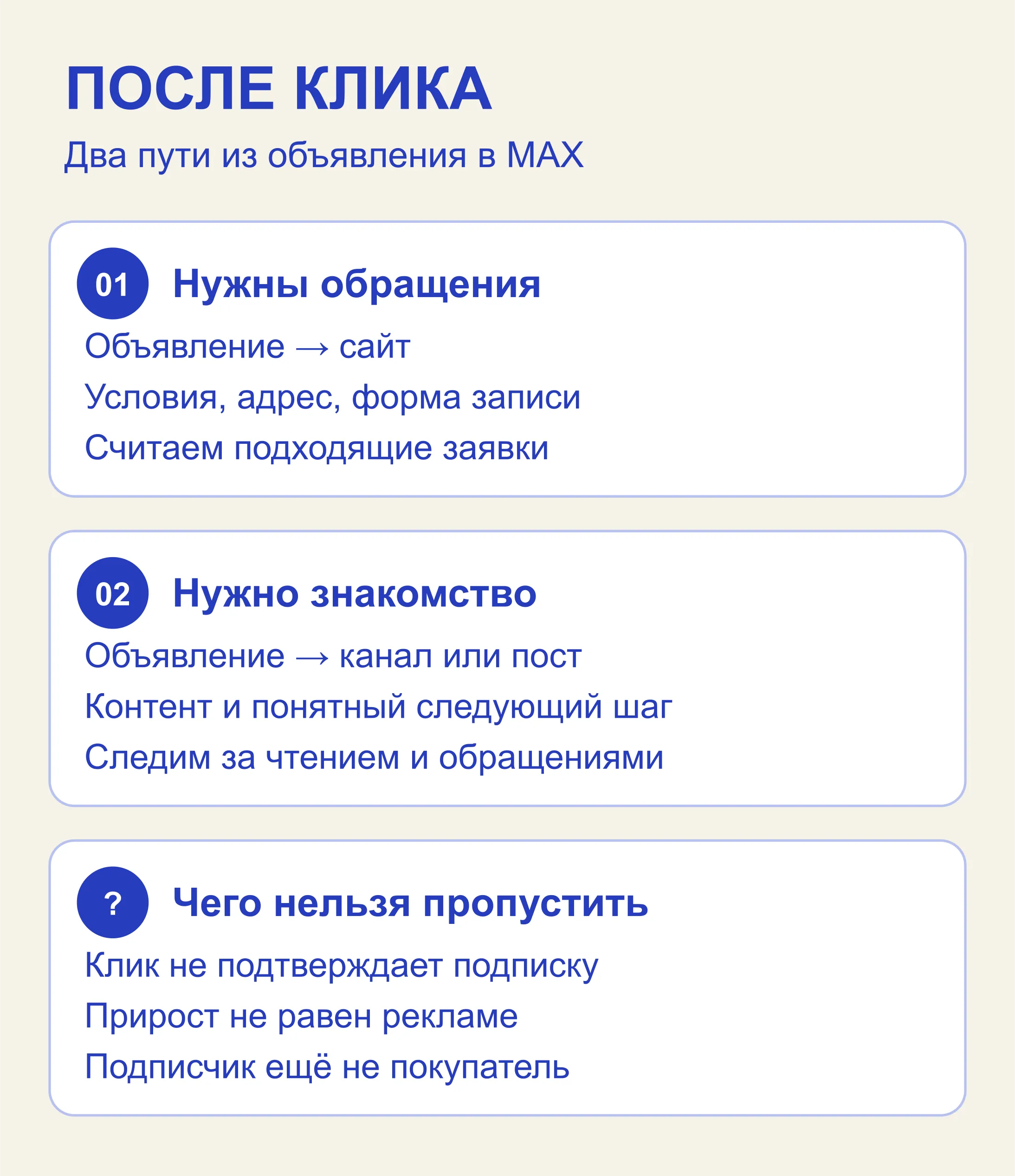 Два пути после рекламы в MAX: на сайт для обращения или в канал для знакомства с продуктом и следующего шага