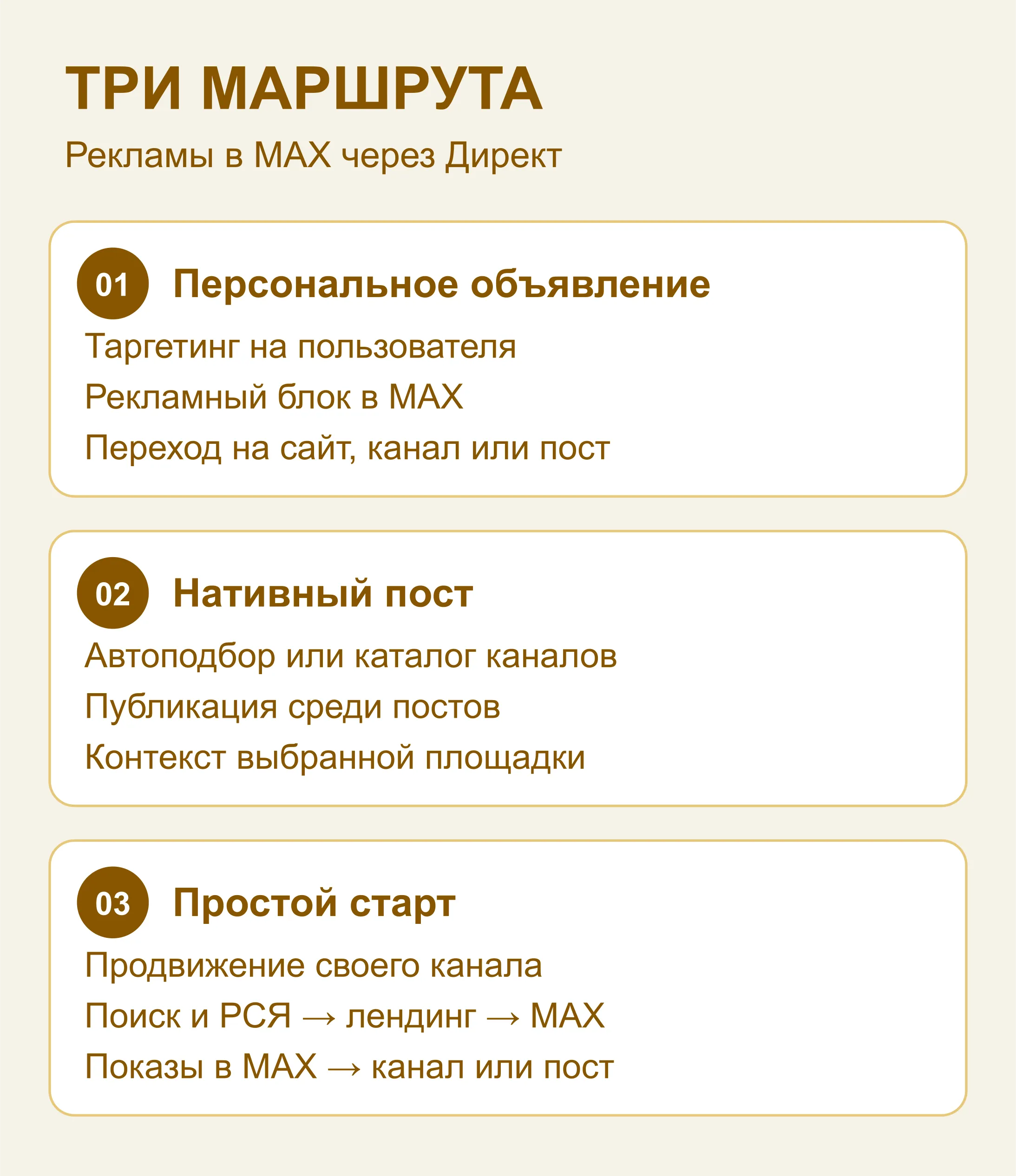 Три маршрута рекламы в MAX: персональное объявление, нативный пост и продвижение канала через Простой старт